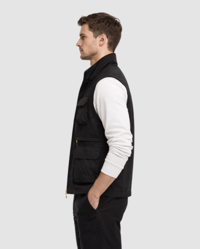 Gilet Homme Sans Manches Multi-Poches avec Fermeture Zippée et Col Montant