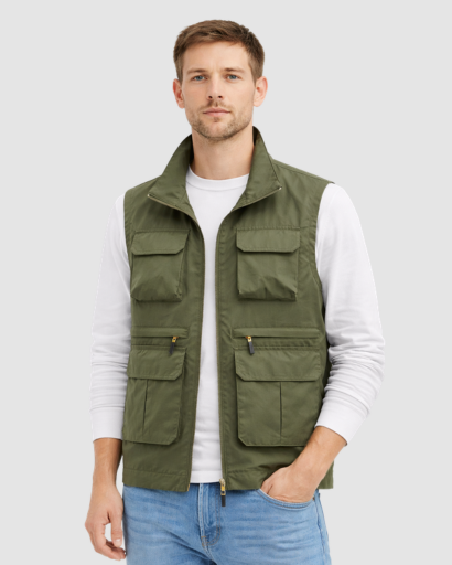 Gilet Homme Sans Manches Multi-Poches avec Fermeture Zippée et Col Montant