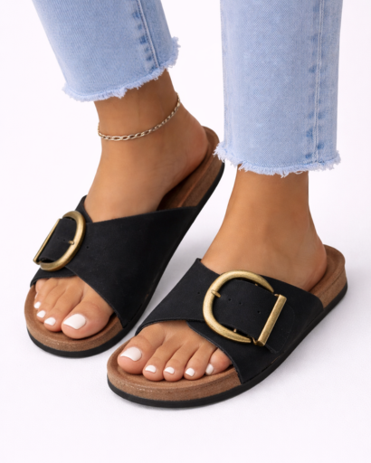 Sandales Femme Plates à Bride Croisée avec Boucle Métallique Ronde Décorative