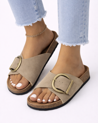 Sandales Femme Plates à Bride Croisée avec Boucle Métallique Ronde Décorative