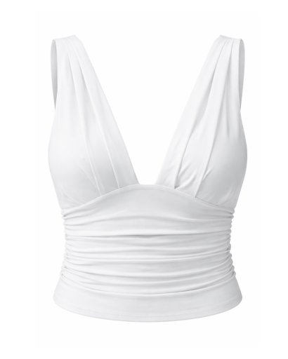 Top femme col V plongeant drapé sans manches coupe courte