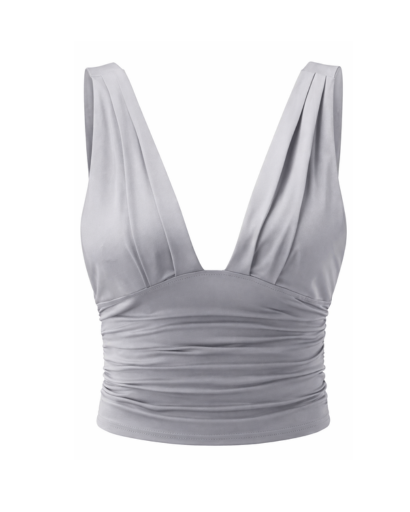Top femme col V plongeant drapé sans manches coupe courte