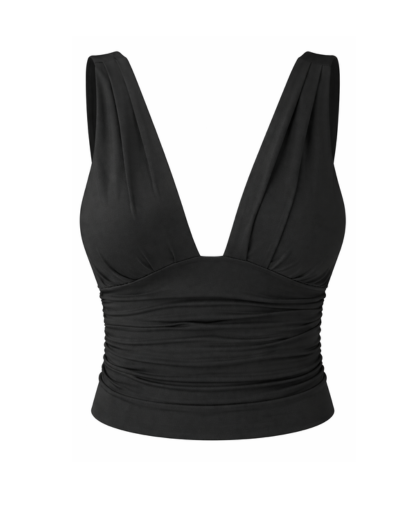 Top femme col V plongeant drapé sans manches coupe courte