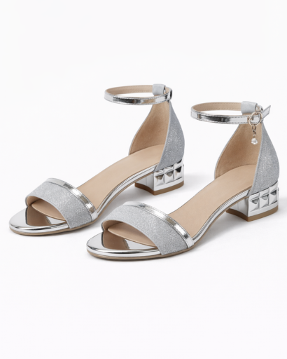 Sandales Femme à Talon Bloc avec Bride Cheville Métallisée et Bride Avant Texturée