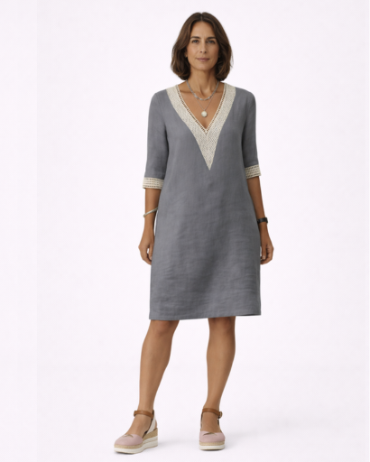 Robe Femme Col V Broderie Manches