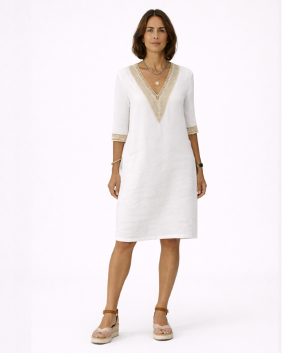 Robe Femme Col V Broderie Manches