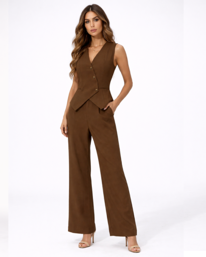 Ensemble Femme Gilet Tailleur Sans Manches Pantalon Large