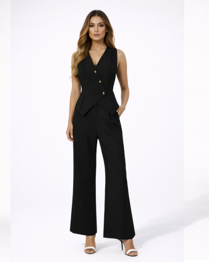 Ensemble Femme Gilet Tailleur Sans Manches Pantalon Large