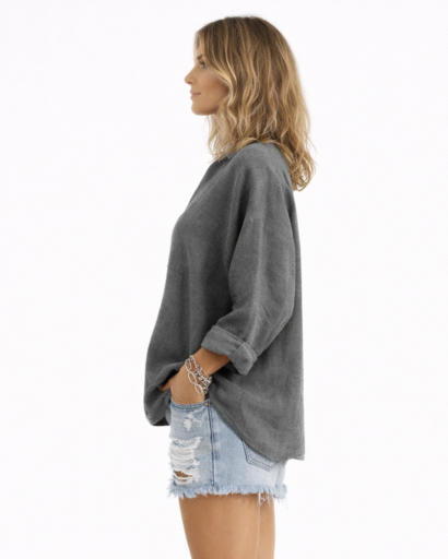 Blouse femme ample à col en V et boutons frontaux
