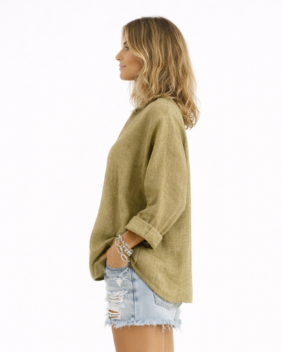 Blouse femme ample à col en V et boutons frontaux