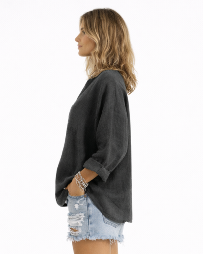 Blouse femme ample à col en V et boutons frontaux