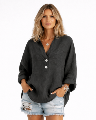 Blouse femme ample à col en V et boutons frontaux
