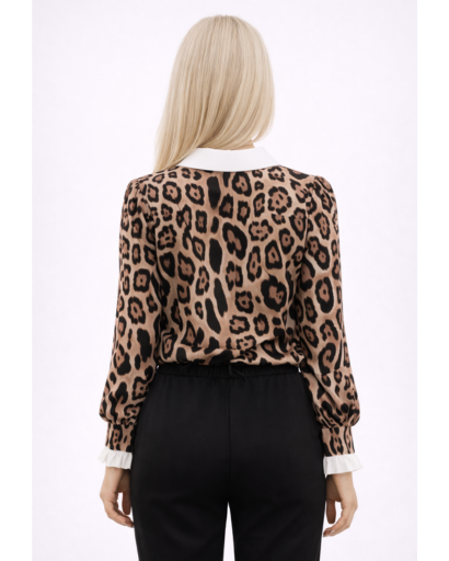 Blouse femme imprimée à col contrasté et manches longues