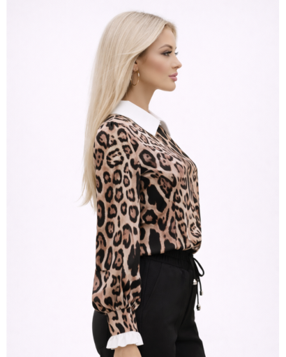 Blouse femme imprimée à col contrasté et manches longues