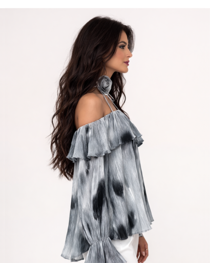 Blouse bardot plissée à volants femme