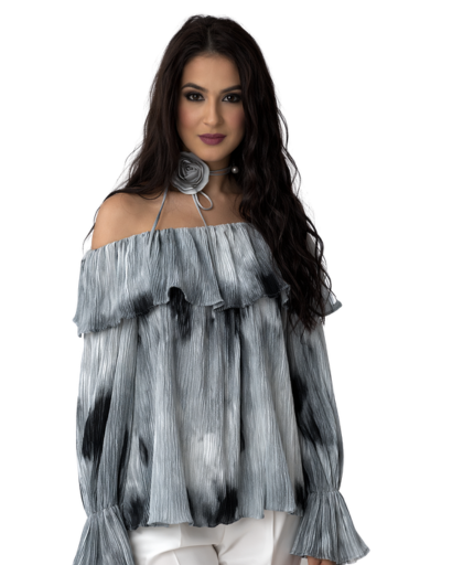 Blouse bardot plissée à volants femme