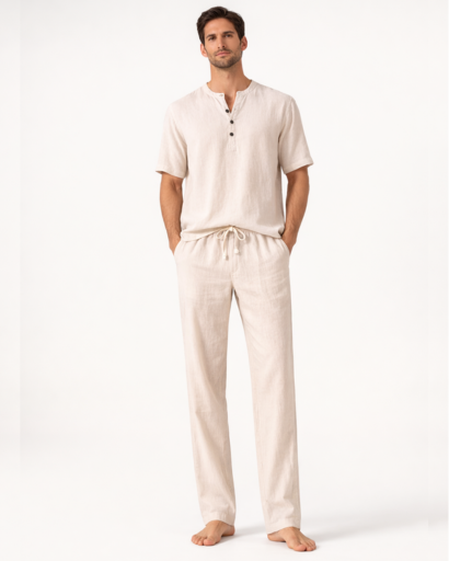 Ensemble détente homme 2 pièces – T-shirt Henley et pantalon droit à cordon