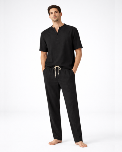 Ensemble détente homme 2 pièces – T-shirt Henley et pantalon droit à cordon