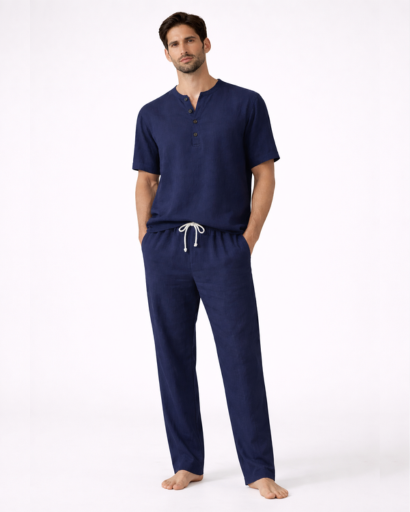 Ensemble détente homme 2 pièces – T-shirt Henley et pantalon droit à cordon