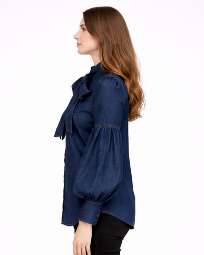 Chemisier Femme Boutonné avec Nœud au Col et Manches Bouffantes
