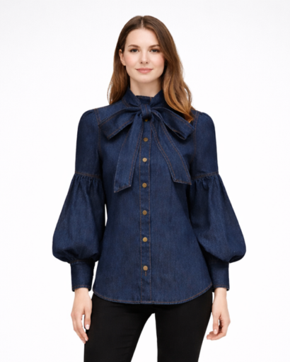 Chemisier Femme Boutonné avec Nœud au Col et Manches Bouffantes