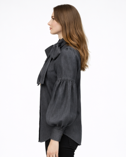 Chemisier Femme Boutonné avec Nœud au Col et Manches Bouffantes