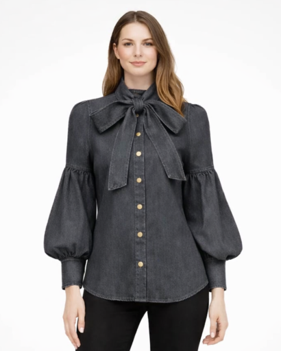 Chemisier Femme Boutonné avec Nœud au Col et Manches Bouffantes