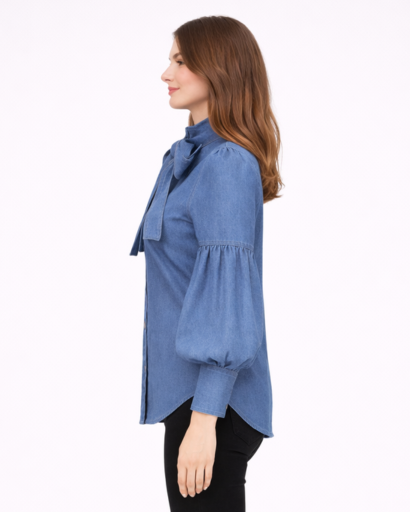 Chemisier Femme Boutonné avec Nœud au Col et Manches Bouffantes