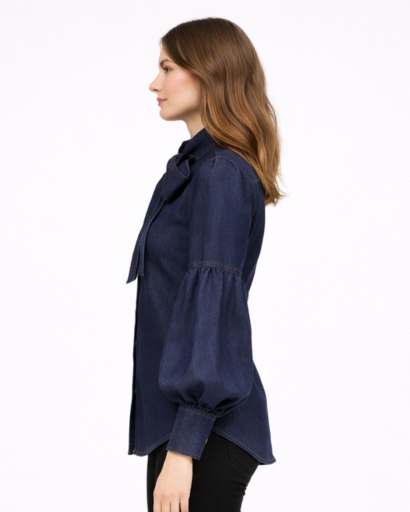 Chemisier Femme Boutonné avec Nœud au Col et Manches Bouffantes