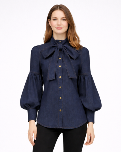 Chemisier Femme Boutonné avec Nœud au Col et Manches Bouffantes