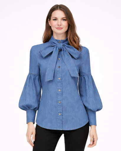 Chemisier Femme Boutonné avec Nœud au Col et Manches Bouffantes