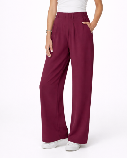 Pantalon femme taille haute à jambes larges avec plis