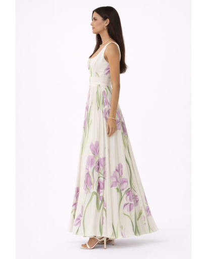 Robe longue fleurie plissée à bretelles larges