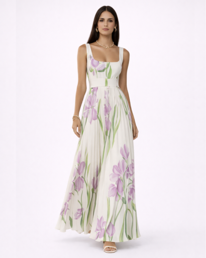 Robe longue fleurie plissée à bretelles larges