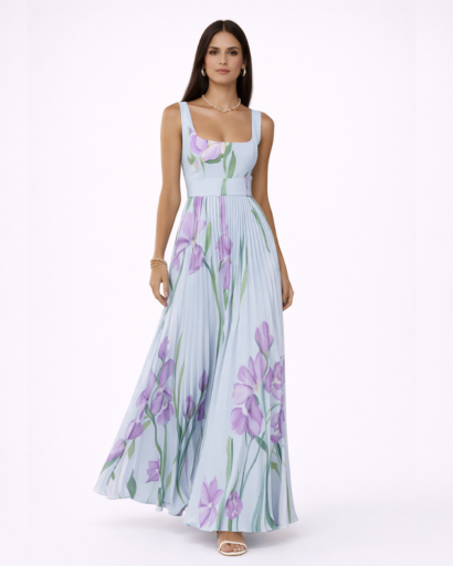 Robe longue fleurie plissée à bretelles larges