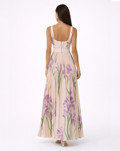 Robe longue fleurie plissée à bretelles larges