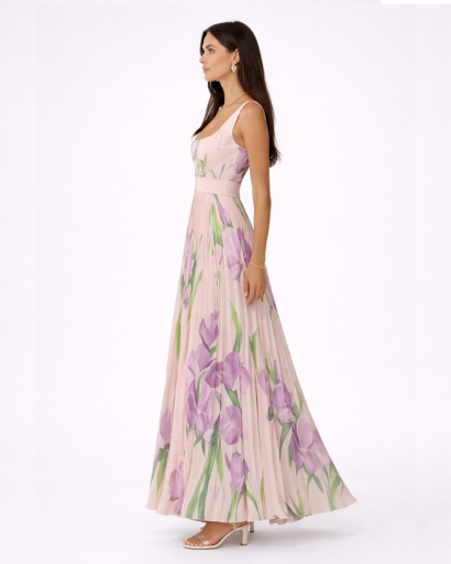 Robe longue fleurie plissée à bretelles larges