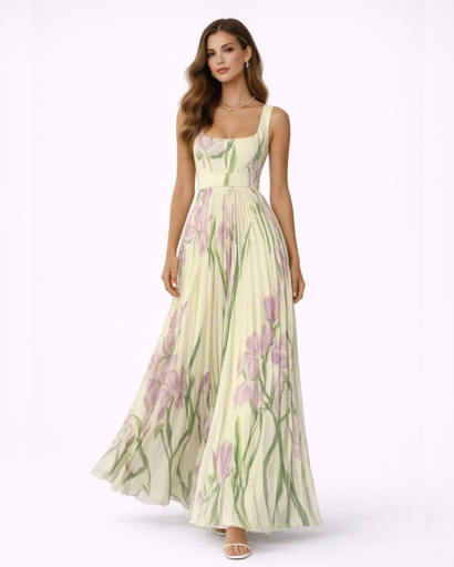 Robe longue fleurie plissée à bretelles larges