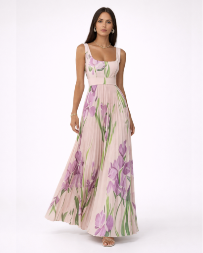 Robe longue fleurie plissée à bretelles larges