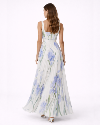Robe longue fleurie plissée à bretelles larges