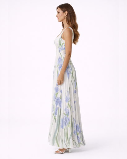 Robe longue fleurie plissée à bretelles larges