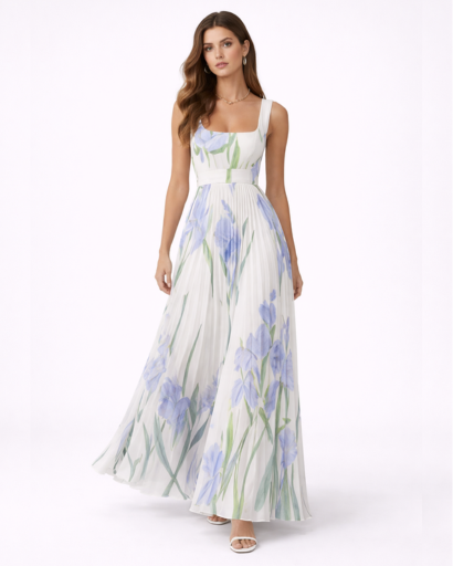 Robe longue fleurie plissée à bretelles larges