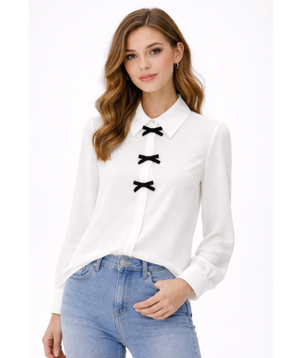Blouse femme à nœuds décoratifs et col classique