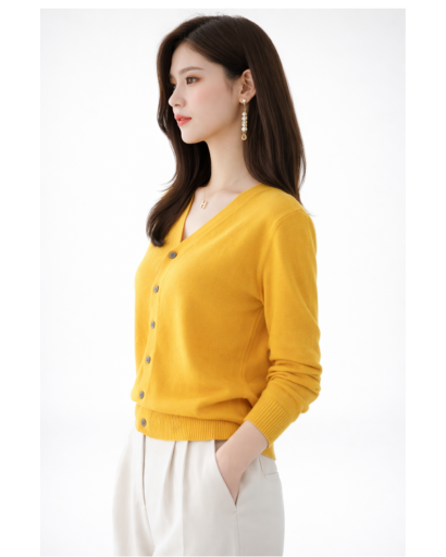 Cardigan femme cachemire col V fermé, manches longues, gros plan