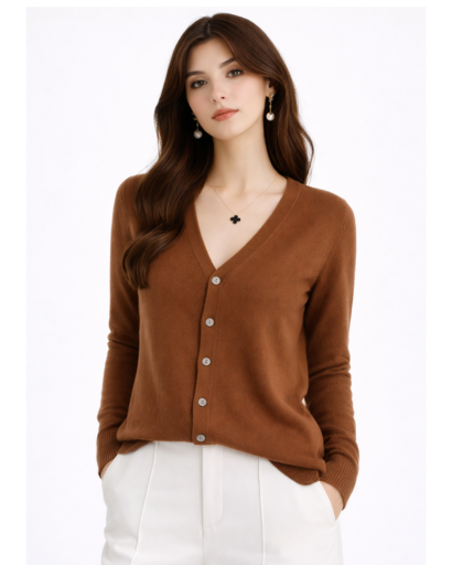 Cardigan femme cachemire col V kaki, vue de face