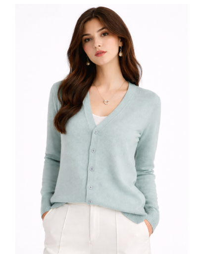 Cardigan femme cachemire col V jaune, vue de face, boutonnage devant