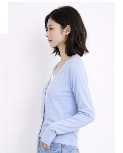 Cardigan femme cachemire col V, vue de dos, coupe droite mi-longueur