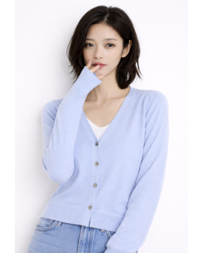 Cardigan femme cachemire col V vert, vue de face, maille douce