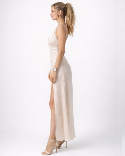 Robe longue satinée à bretelles avec fente haute