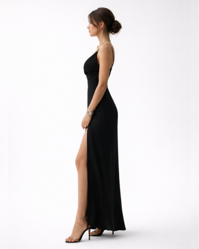 Robe longue satinée à bretelles avec fente haute